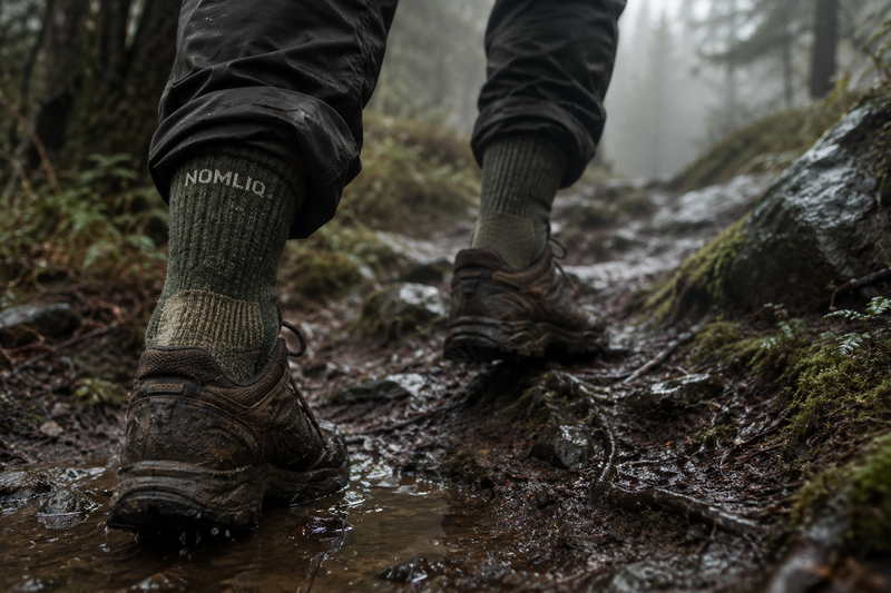 Wanderer auf einem Bergtrail mit FERNWOLL Merino Wandersocken